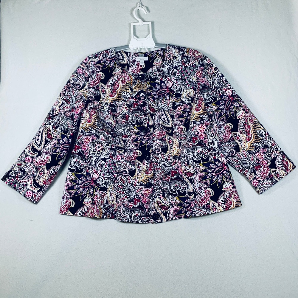 Charter Club Woman's 2X Paisley Floral Print 3/4 Sleeve Button Front Jacket